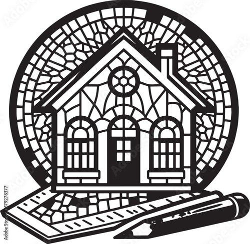 Architectural Blueprint Illustration Featuring a House, Ruler, and Pencil Design Element