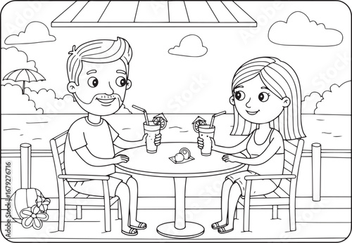 Whimsical illustration of a couple enjoying drinks together at a