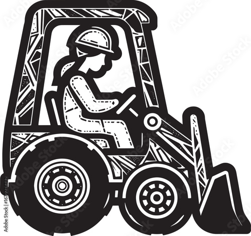 Illustration of a Female Construction Worker Operating a Tractor in Black and White