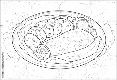 Monochrome Syrian Kibbeh Nayeh Illustration on Intricate Ornamen