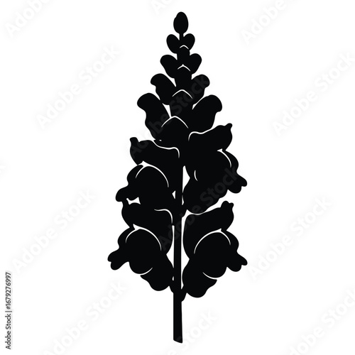 Elegant Black Silhouette of Snapdragon Flower Stem Against White Background Perfect for Floral Designs and Artistic Projects