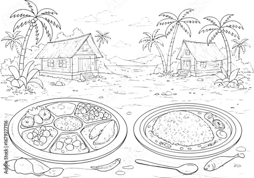 Sri Lankan culinary landscape illustration featuring rice and cu