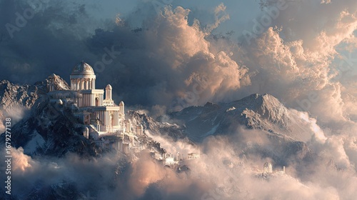 Olympus mountain palace of gods glowing in clouds fantasy
