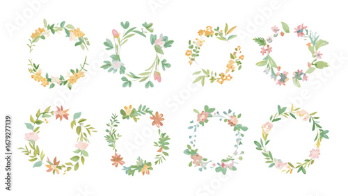 Watercolor floral wreaths collection featuring various flower and leaf arrangements in pastel colors