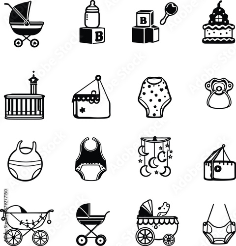 A collection of black and white baby icons including strollers, toys, and clothing items in a grid