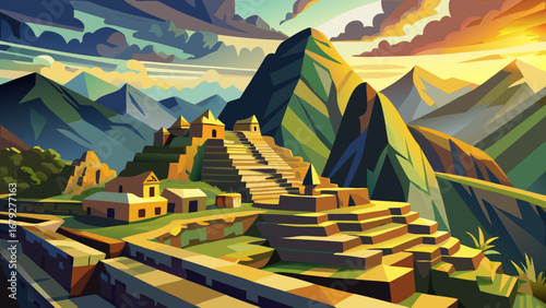 Machu Picchu, Peru, crowns a cloud-kissed ridge with carved terraces, ashlar temples, and stone stairways. Golden light, Andean horizons; semi-realistic flat vector, crisp planes, subtle gradients, ca