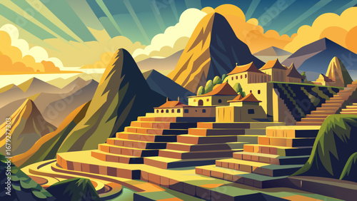 Machu Picchu, Peru, crowns a cloud-kissed ridge with carved terraces, ashlar temples, and stone stairways. Golden light, Andean horizons; semi-realistic flat vector, crisp planes, subtle gradients, ca