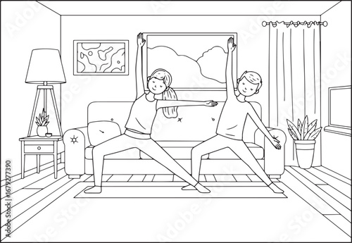 Line art illustration featuring a couple practicing yoga in thei