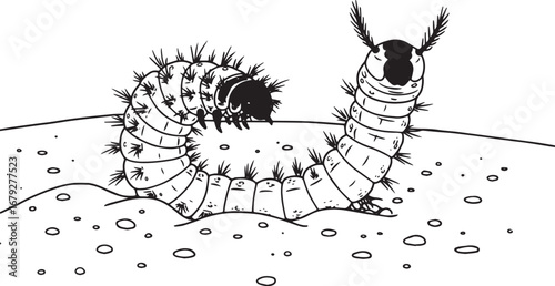 Detailed black and white line drawing of two spiky caterpillars