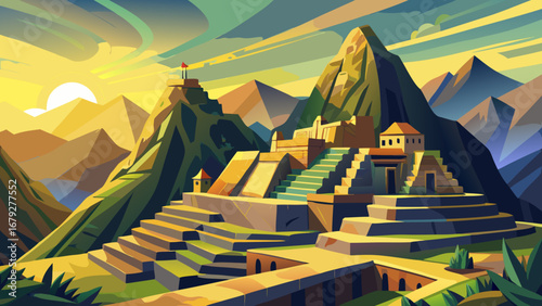 Machu Picchu, Peru, crowns a cloud-kissed ridge with carved terraces, ashlar temples, and stone stairways. Golden light, Andean horizons; semi-realistic flat vector, crisp planes, subtle gradients, ca