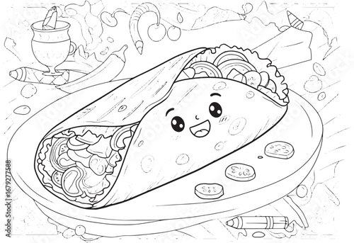Whimsical Shawarma Outlined Illustration with Friendly Facial Ex