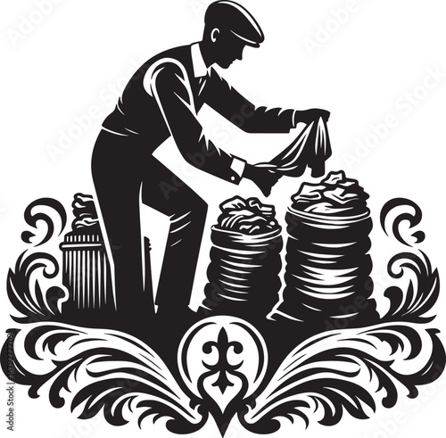 Illustration of a man collecting money from sacks, a symbol of wealth and prosperity