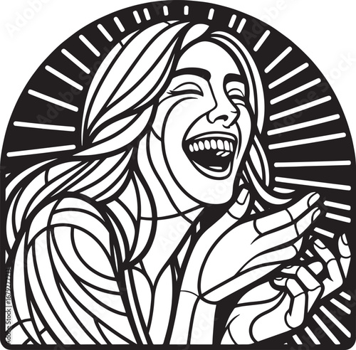 Monochrome Illustration of a Joyful Woman with Laughter and Outstretched Hands, Artistic Design