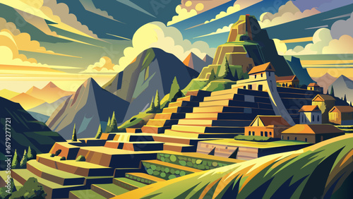 Machu Picchu, Peru, crowns a cloud-kissed ridge with carved terraces, ashlar temples, and stone stairways. Golden light, Andean horizons; semi-realistic flat vector, crisp planes, subtle gradients, ca