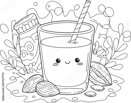 Charming monochrome illustration featuring adorable almond milk