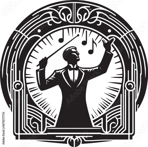Elegant Black and White Art Deco Illustration of a Conductor Leading an Orchestra Performance