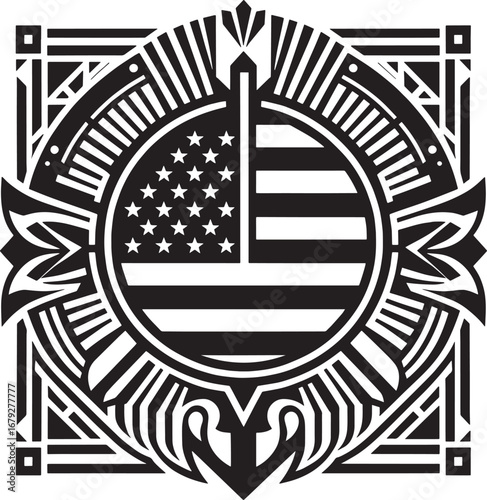 Detailed black and white heraldic illustration featuring an eagle, crown, and decorative elements