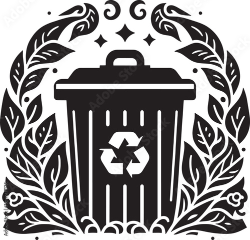 Black and White Illustration of a Recycling Bin with Foliage and Environmental Theme