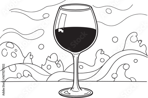 Whimsical illustration of merlot in a glass with surreal backgro