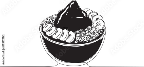 Minimalist Line Art Illustration of Brazilian Acai Bowl with Ban