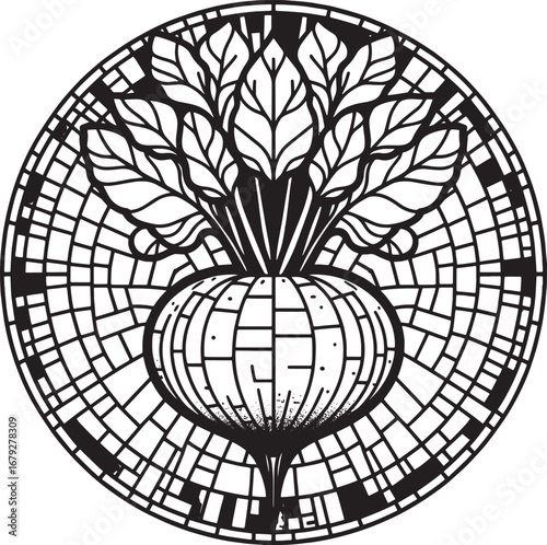 A black and white artistic illustration of a beet with leaves inside a circular design