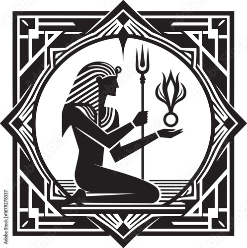 Elegant Silhouette of an Egyptian Figure in a Detailed Geometric and Artistic Frame Design