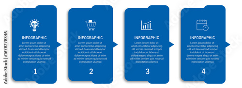 Business process timeline visualization with icons | Infographic 4 steps blue diagram with half side border with arrow indicator | Modern vector illustration