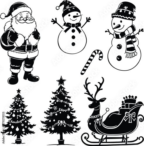 Festive christmas icons featuring santa claus snowmen trees and a reindeer with a sleigh in black and white