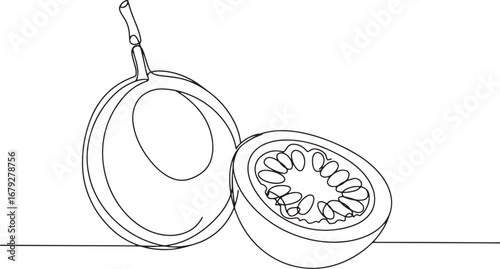 Minimalist single line drawing of a passionfruit and halved pass