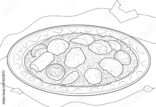 Detailed line art illustration of Libyan couscous dish on an orn