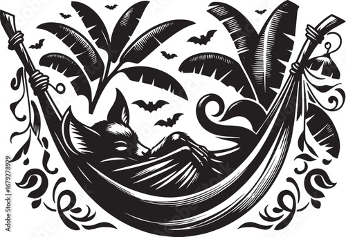 A cute bat sleeping in a hammock under banana trees with bats flying around, Halloween