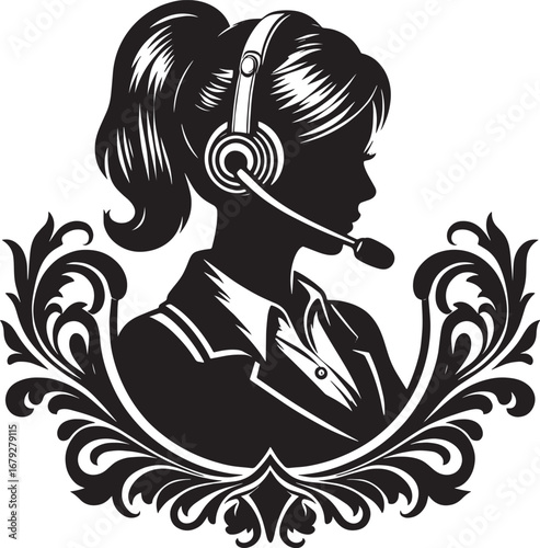 Elegant Silhouette of a Female Customer Service Representative with Headset in Ornate Frame