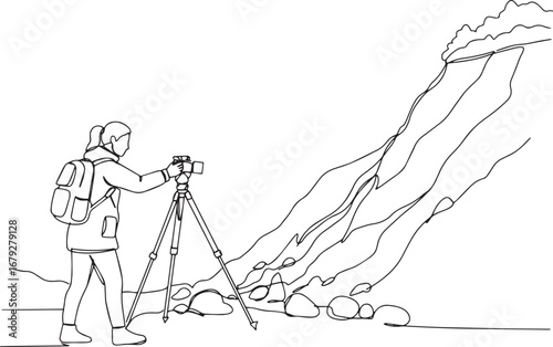 Minimalist line art of a woman photographing a mountainous lands