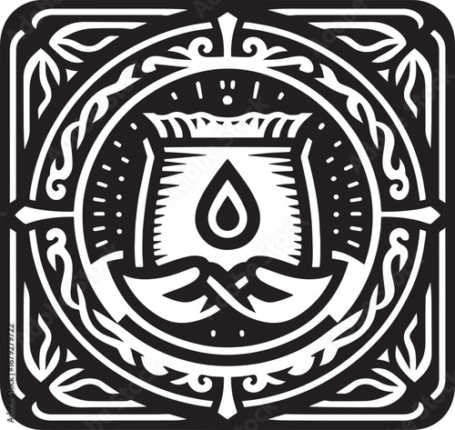 Intricate Black and White Decorative Design Featuring a Water Drop Symbol in a Circular Frame