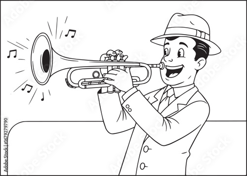 Vintage cartoon illustration of a jazz musician playing the trum