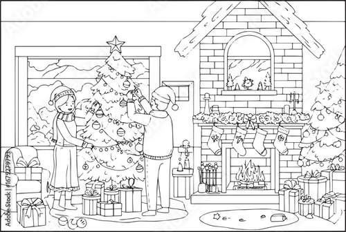 Festive holiday spirit depicted through a couple decorating a ch