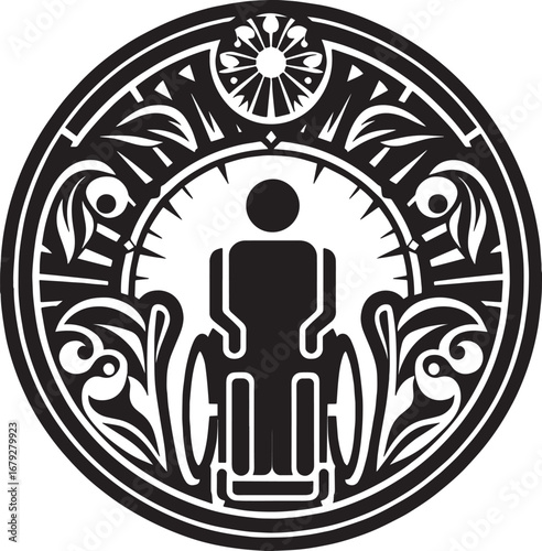 A stylized graphic design featuring a wheelchair user symbol within an ornate circular frame