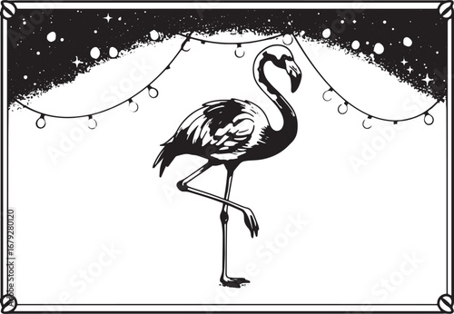 Vibrant pink flamingo standing under colorful party lights again
