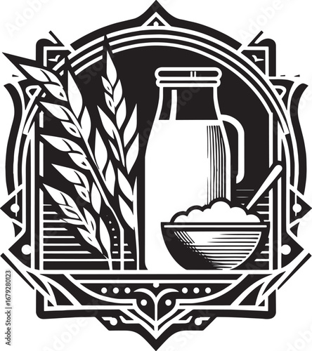 Monochrome vector illustration of oats, milk, and a bowl of cereal within an ornate frame