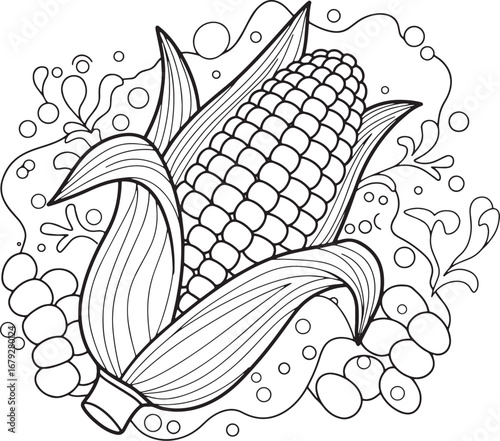 Elaborate corn illustration with intricate line work for colorin