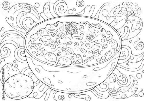 Whimsical Outlined Illustration: Cartoon Potato Salad Bowl Surro