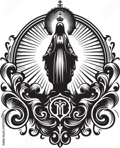 Intricate Black and White Illustration of the Virgin Mary with Decorative Floral Elements