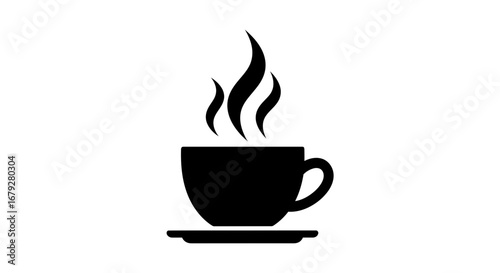 A simple black icon depicts a coffee cup with a handle, resting on a saucer, emitting stylized wisps of steam.