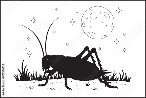 Brown cricket illustration standing on grass under a full moon a
