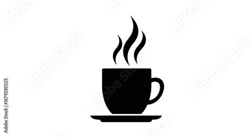 Black silhouette of a steaming coffee cup on a saucer