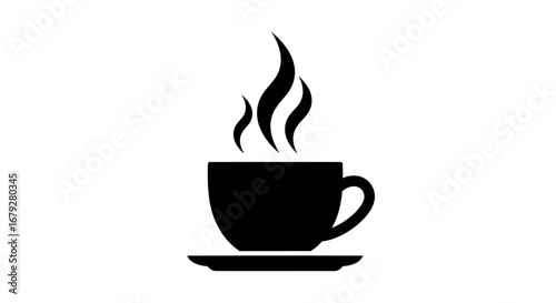 A simple black silhouette of a coffee cup with steam rising from it, placed on a matching saucer against a white background.