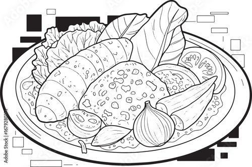 Detailed line art illustration of a vibrant plate of Ndol