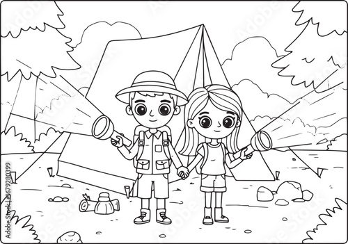 Enchanting camping adventure illustrated with a young couple hol
