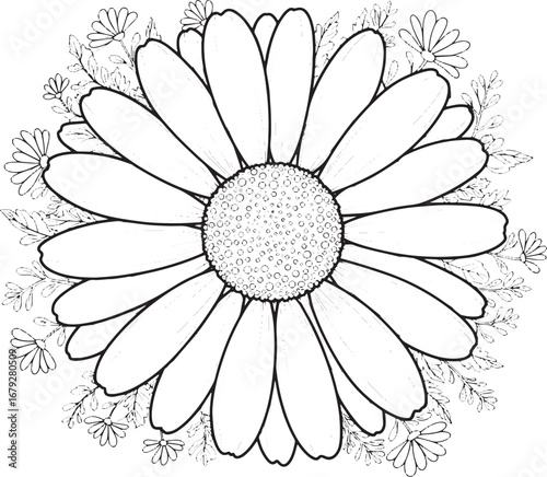 Delicate Chamomile Blossom Outline with Intricate Floral Foliage