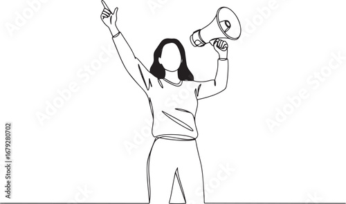 Continuous line drawing of woman raising a megaphone and pointin